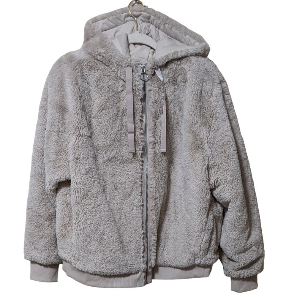 Athleta Ritual faux fur hooded sherpa bomber full zip jacket abalone beige M/L